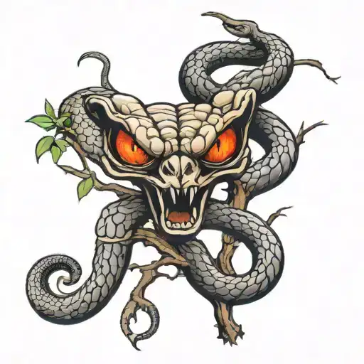 cobra with red eyes wrapped around a dead tree branch tall  tattoo design idea