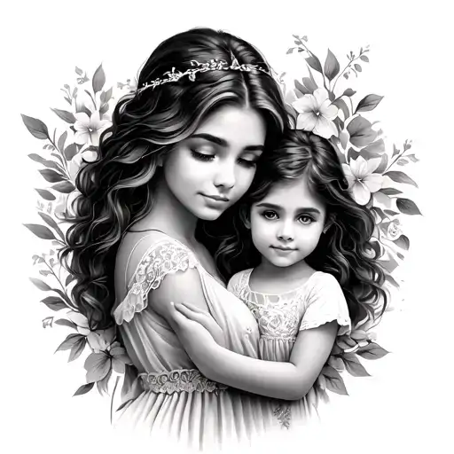 The tattoo presents a woman (mother) with two daughters - one is 6 years old, the other 2 years old. This can be presented in the form: S tattoo design idea