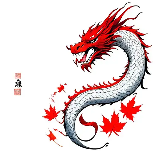 Fine line Japanese Dragon slithering long towering over samurai red highlights and maple leafs tattoo design idea