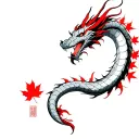 Fine line Japanese Dragon slithering long towering over samurai red highlights and maple leafs tattoo design idea