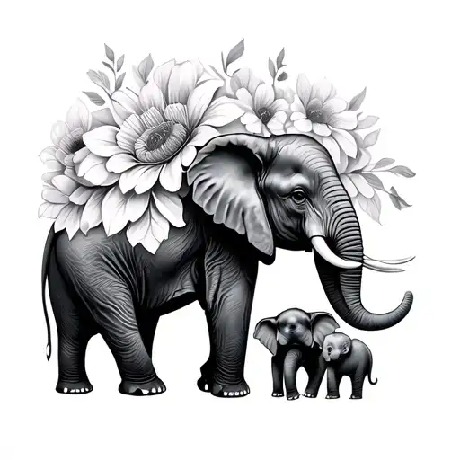 mom elephant and 4 baby elephant flowers tattoo design idea