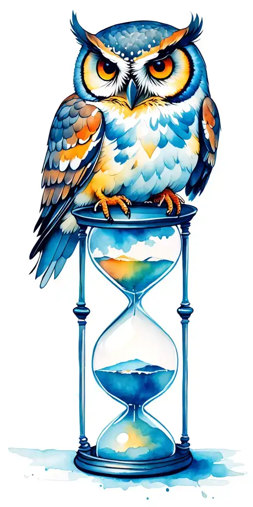 intense owl perched on an hourglass combined tattoo design idea