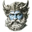 Bearded Poseidon tattoo with trident on his upper cheek blue eyes  tattoo design idea