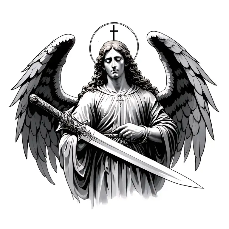 3. The saint/Angel with a sword (in a combat pose) will emphasize a religious theme. You can make a half -liter with eyes closed. tattoo design idea