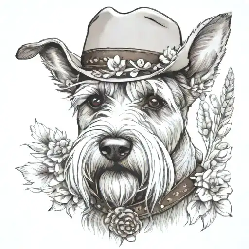 wheaten schnauzer with cowgirl hat and brown eyes and a collar with flowers looking to the side with western background tattoo design idea