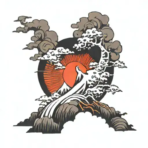 volcano island Sun wind blowing away tattoo design idea