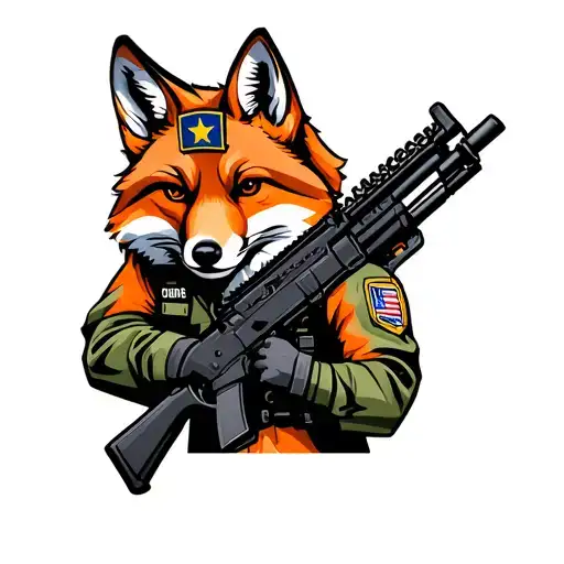Fox wearing US military uniform. Carrying a rifle and a black case. tattoo design idea