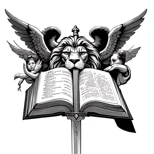 gladiator/lion face with the holy Bible with a sword through the middle and a angel with prayer hands chest tattoo  tattoo design idea