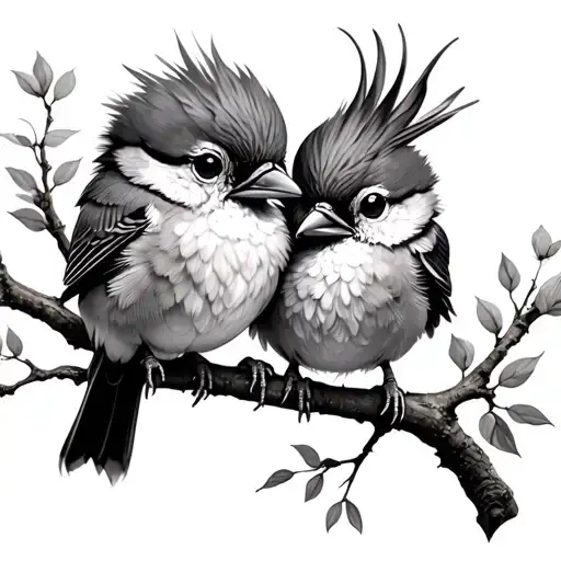 fine line and shading tattoo of two small fluffy birds cuddling on a branch tattoo design idea