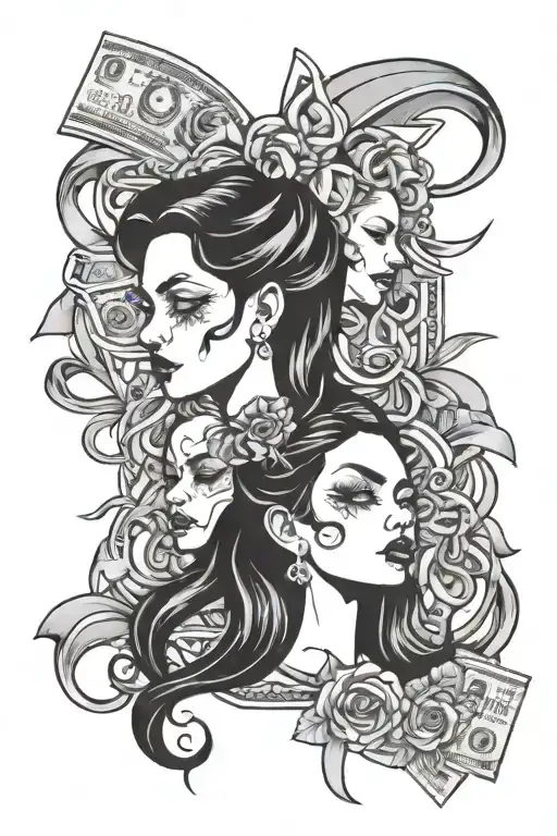 women drama faces with money bows inspired design incorporating tattoo design idea