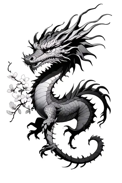 Haku from Chihiro's trip to the Magic Land as a dragon with thorns and tendrils and cherry blossoms tattoo design idea