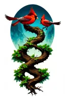 twisting tree with 3 cardinals flying off it tattoo design idea