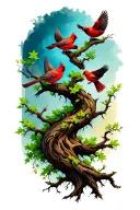 twisting tree with 3 cardinals flying off it tattoo design idea