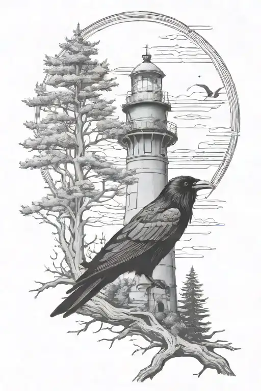 raven  with spooky lighthouse in the desolate forest tattoo design idea