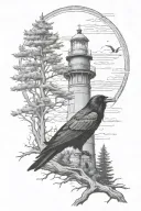 raven  with spooky lighthouse in the desolate forest tattoo design idea