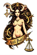 create me a tattoo of my name Azzi Pritzil with Libra and Aries zodiac sign combination tattoo design idea