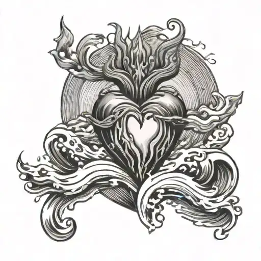 sacred heart and sea waves crashing tattoo design idea