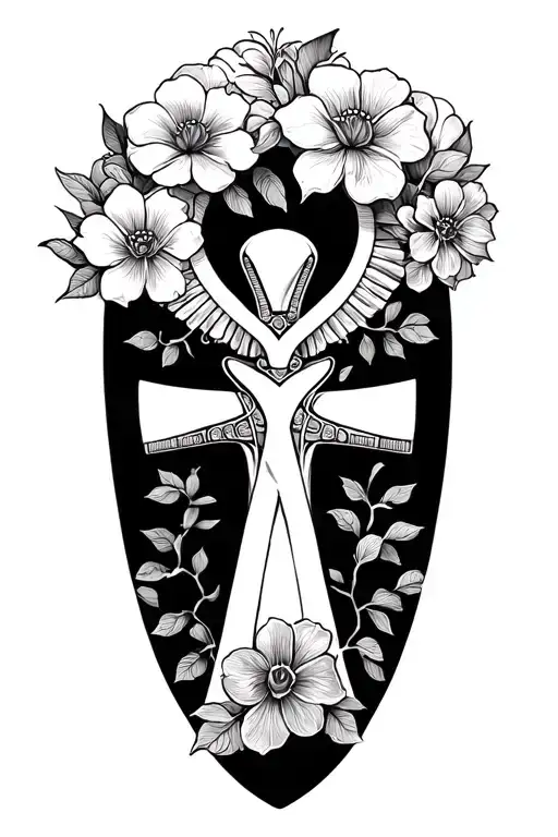 clouds, ankh symbol, flowers  tattoo design idea