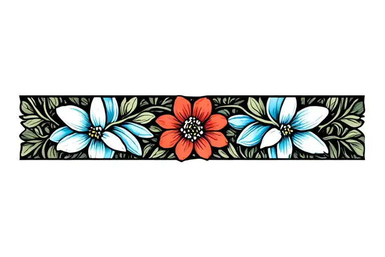 Floral Vertical Armband Tattoo With Snowdrop flowers, cold and ice themed outer lines. frost. petals are baby blue tattoo design idea