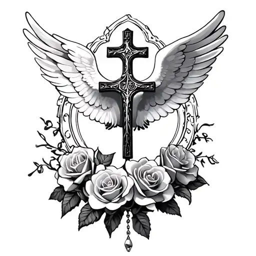 cross and dove wings coming around the back roses and rosary around it  tattoo design idea