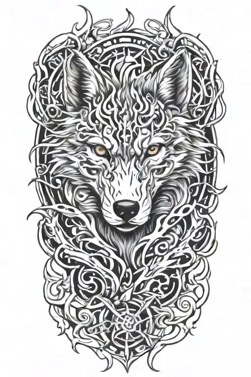 wolf fire flames tattoo design idea
