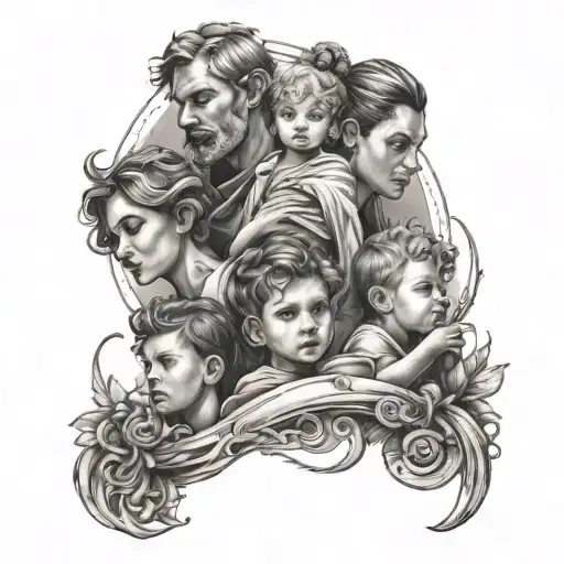 tattoo sketch with a family with 2 boys and angels watching over them tattoo design idea