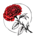 A Feather bending round the stem of a red carnation flower tattoo design idea