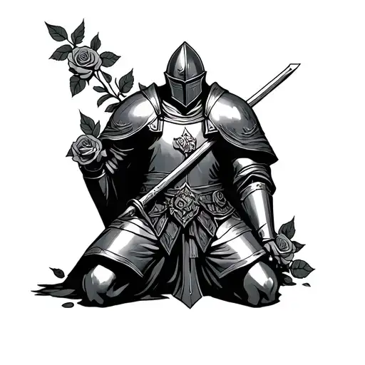 Crusades templar knight Kneeling in roses intertwined tattoo design idea