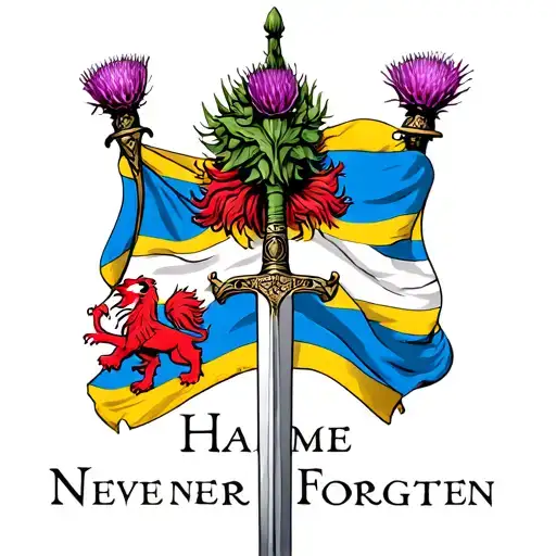 "Hame Never Forgotten" thistle and scottish blue white flafg and yellow flag with red lion on either side behind thistle william wallace sword tattoo design idea