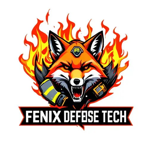 "Fenix Defense Tech" Fox wearing firefighter gear, surrounded by flames tattoo design idea