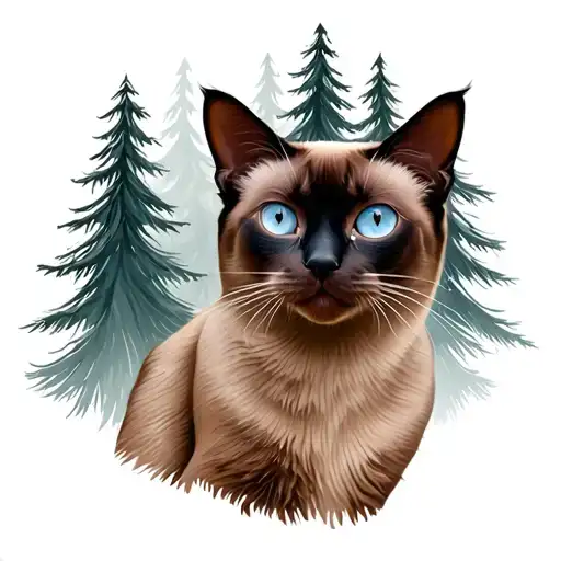 draw an image with a Siamese cat in the center with a background of several pine trees tattoo design idea