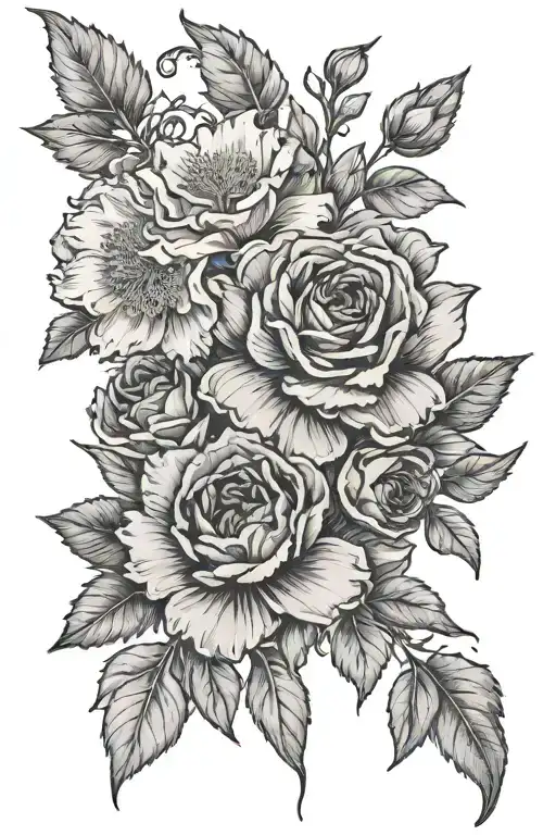  dainty nosegay of wild roses, larkspurs, chrysanthemums, narcissus, and poppies tattoo design idea