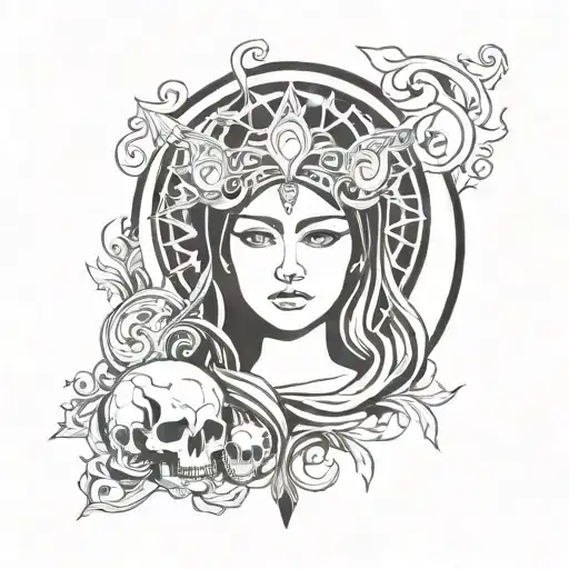 Goddess Hestia and Death spirit avatar mixed tattoo design idea