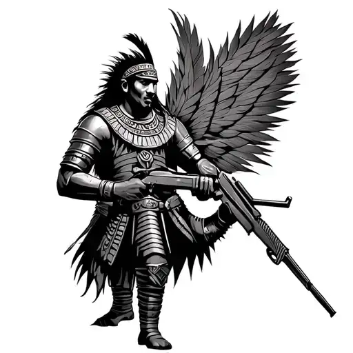 a mayan warrior in templar knight style armor made from Quetzalcoatl serpent feathers holding an ak47 tattoo design idea