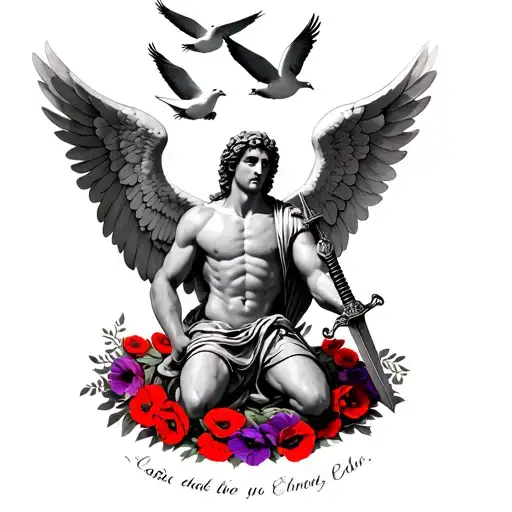 St Michael kneeling with wings spread, hold his sword, 9 doves above him and a wreath of red and purple poppies under hi tattoo design idea