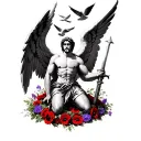 St Michael kneeling with wings spread, hold his sword, 9 doves above him and a wreath of red and purple poppies under hi tattoo design idea