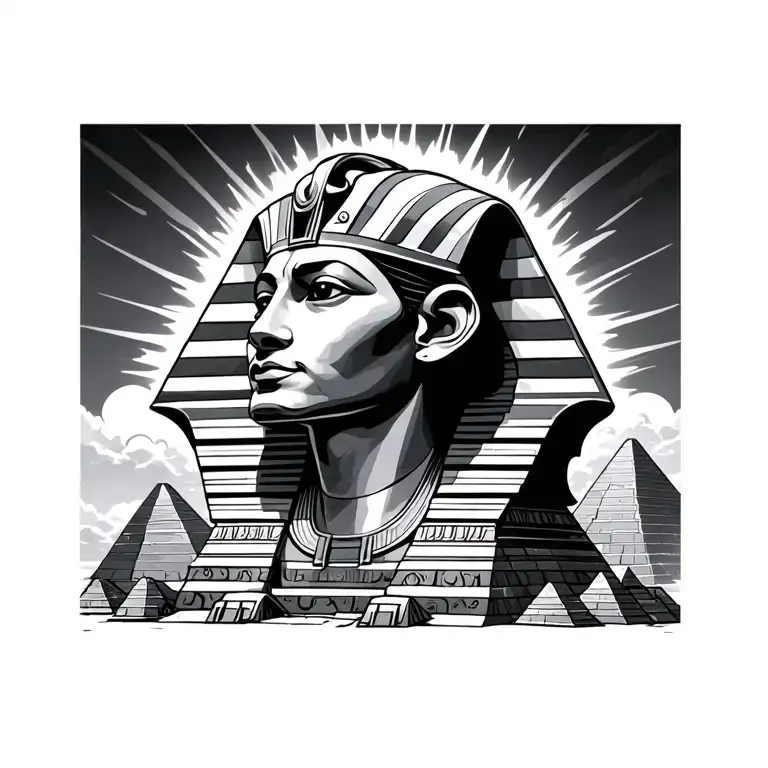 sphinx with pyramids, clouds, sun ray tattoo design idea