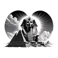 sphinx with pyramids, clouds, sun ray tattoo design idea