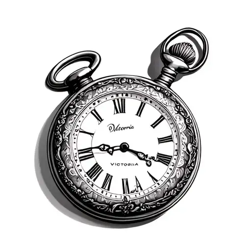 open pocket watch with name Victoria engraved and time showing 6:24 tattoo design idea