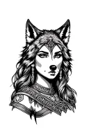 warrior princess wearing a wolf head tattoo design idea