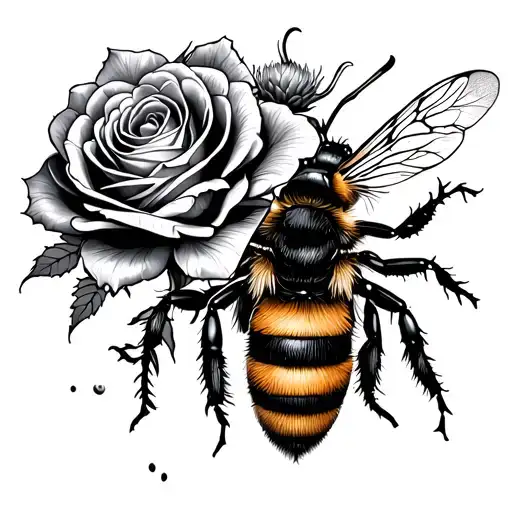 Fine line. Right side half of a bee, cut down the middle. on the other side, in the shape of the bee a rose, thistle tattoo design idea