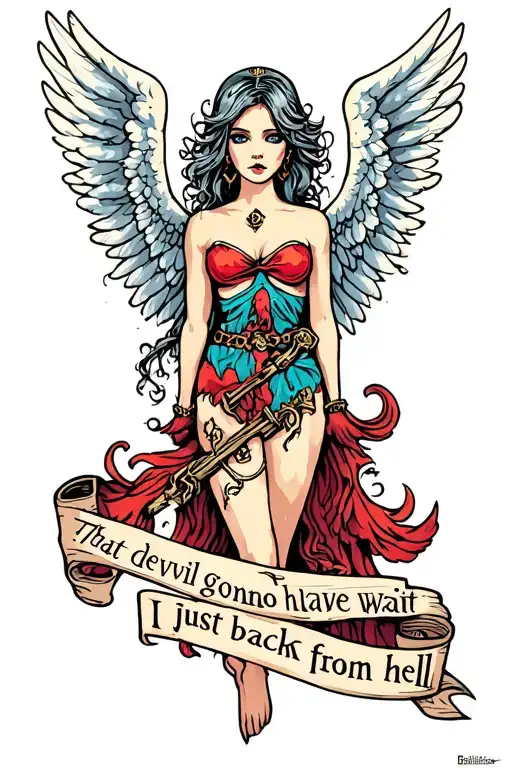 female angel with the words "that devil gonna have to wait I just got back from hell" tattoo design idea