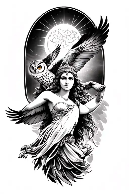 athena goddess and owl flying tattoo design idea