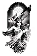 athena goddess and owl flying tattoo design idea