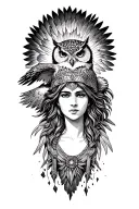 athena goddess and owl flying tattoo design idea