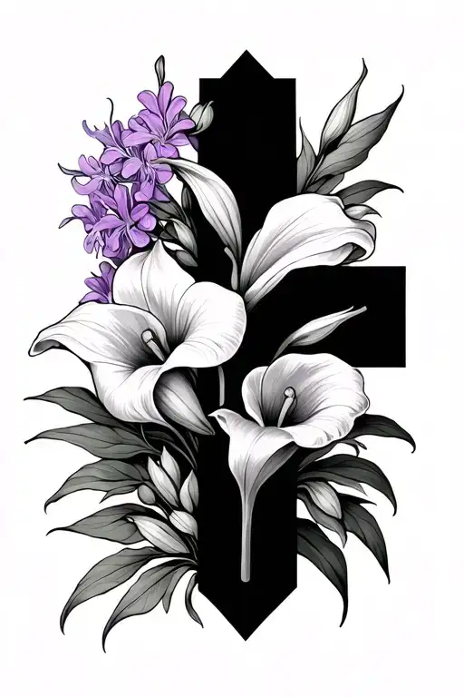 black cross wrapped in calla lily and lilac flower tattoo design idea
