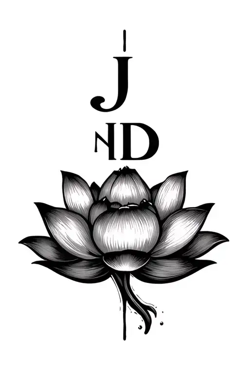 lotus flower outline with letters vertical letters J D N tattoo design idea