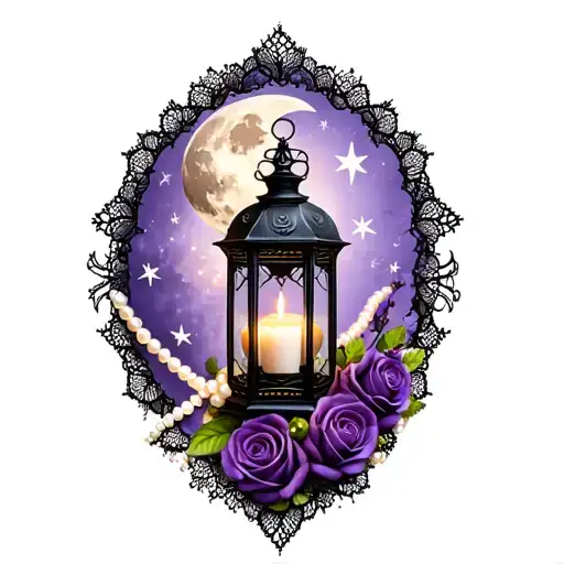 black lace, purple roses, pearls, moon, stars, antique lantern tattoo design idea