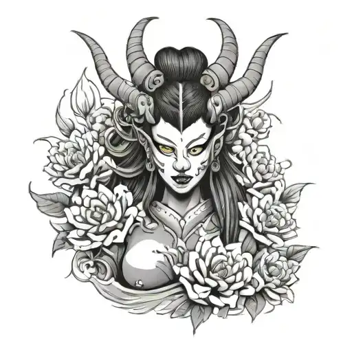 Japanese oni demon girl with flowers blooming tattoo design idea