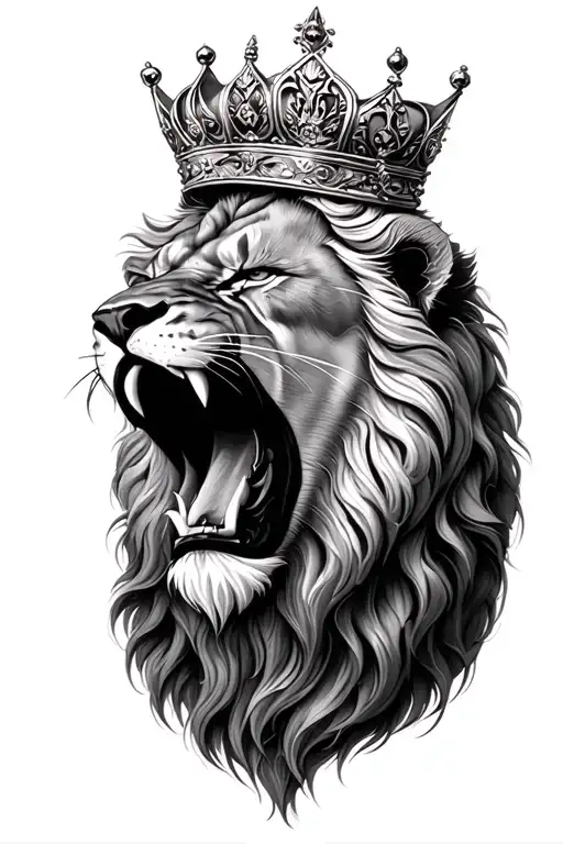 lion roaring wearing a crown tattoo design idea